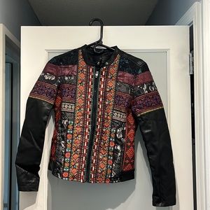 Detailed floral and Black leather jacket